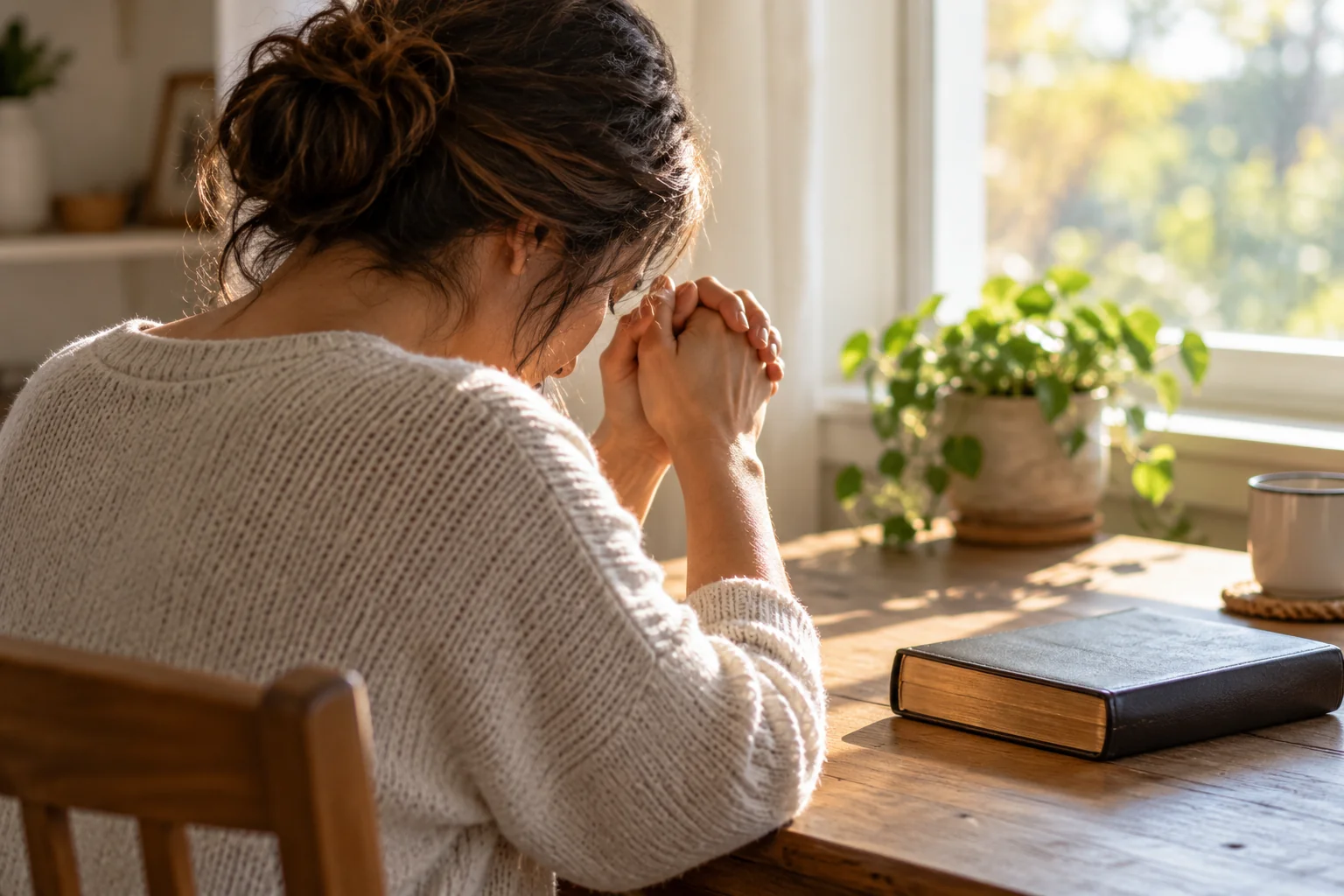 Illustration symbolique générée par IA : une femme prie, les mains jointes, près d’une fenêtre et d’une Bible fermée.