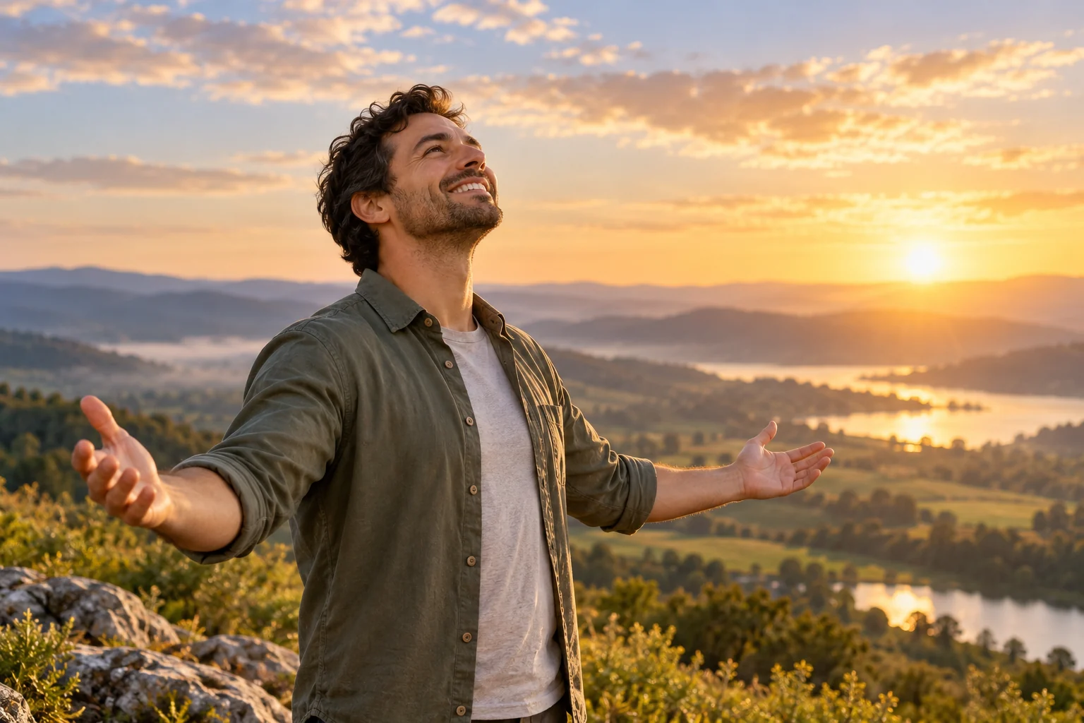 Illustration générée par IA : un homme souriant, les bras ouverts et le regard vers le ciel, dans un paysage éclairé par le soleil levant, symbolisant la confiance en Dieu.